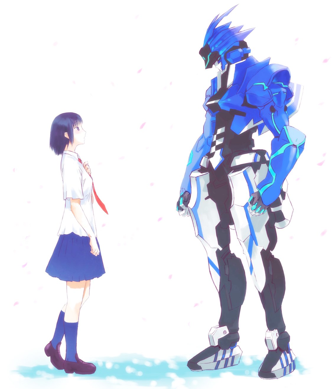 star (ikaruga), original, bad id, bad pixiv id, highres, black hair, blue eyes, cherry blossoms, eye contact, loafers, looking at another, mecha, robot, school uniform, serafuku, shoes