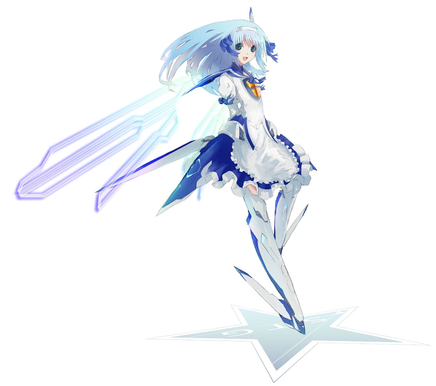 star (ikaruga), vic viper, gradius, bad id, bad pixiv id, highres, 1girl, apron, blue eyes, blue hair, female focus, hairband, long hair, maid, maid apron, matching hair/eyes, mecha musume, personification, solo
