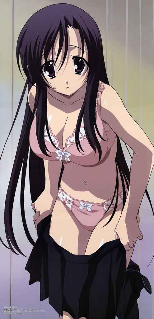 gotou junji, katsura kotonoha, megami magazine, school days, official art, scan, 00s, 1girl, black hair, bow, bow bra, bow panties, bra, breasts, cleavage, clothes pull, female focus, large breasts, leaning forward, lingerie, long hair, navel, open clothes, open mouth, open skirt, panties, pink panties, purple eyes, skirt, skirt pull, solo, surprised, underwear, underwear only, undressing, unzipped, very long hair, zipper