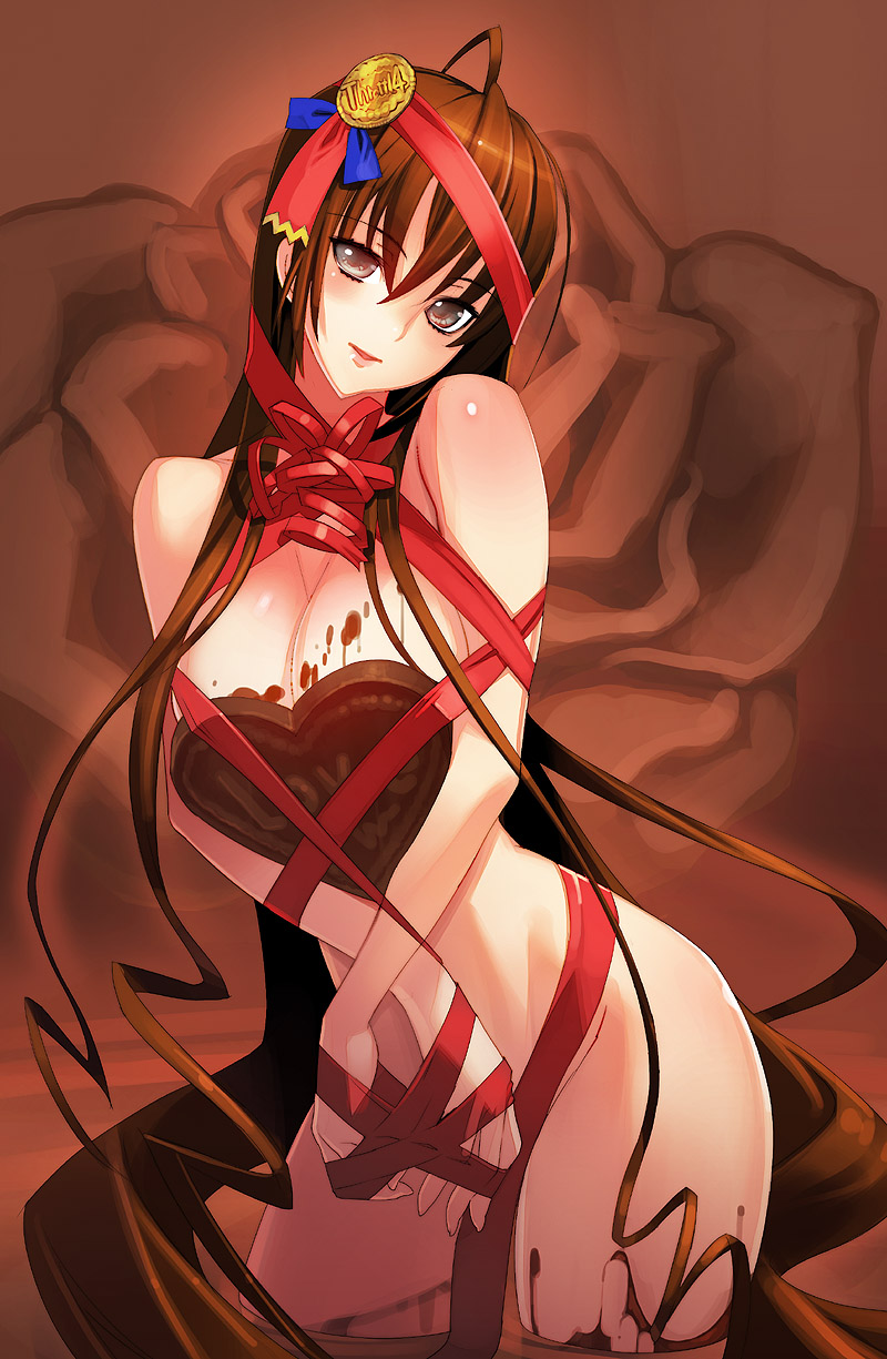 sanbasou, original, highres, 1girl, bdsm, bondage, bound, breasts, brown eyes, brown hair, candy, chocolate, chocolate heart, contrapposto, curvy, female focus, food, heart, large breasts, long hair, naked ribbon, ribbon, ribbon bondage, skinny, slender, solo, standing, valentine, very long hair