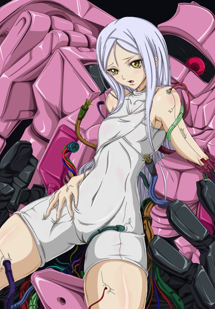 madhatter hello, soma peries, gundam, gundam 00, silver hair, bad id, bad pixiv id, 00s, 1girl, bodysuit, cameltoe, female focus, flat chest, long hair, mecha, open mouth, robot, sleeveless, solo, yellow eyes