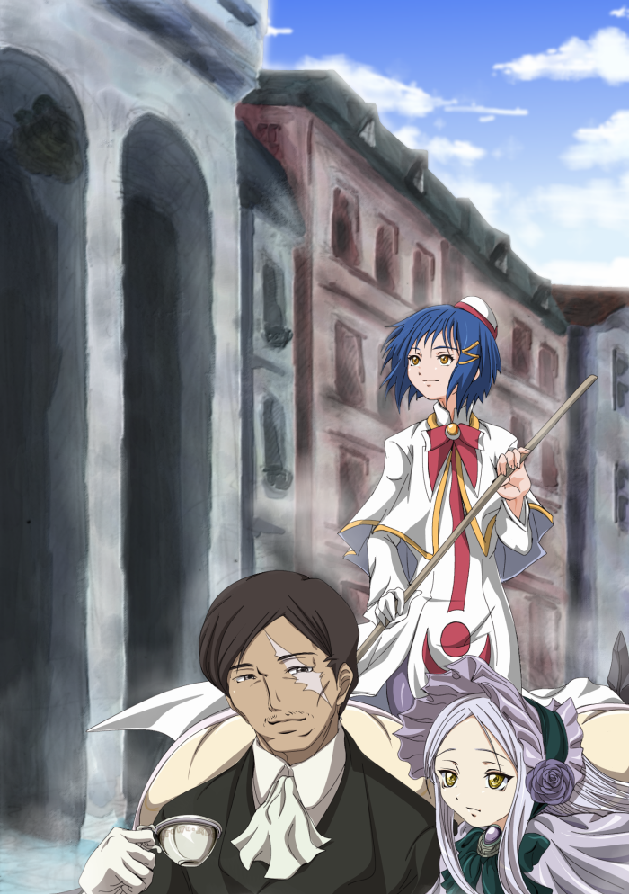 madhatter hello, aika granzchesta, sergei smirnov, soma peries, aria (manga), gundam, gundam 00, bad id, bad pixiv id, 00s, 1boy, 2girls, crossover, cup, multiple girls, outdoors, pantyhose, scar, scar across eye, scar on face, sky, teacup