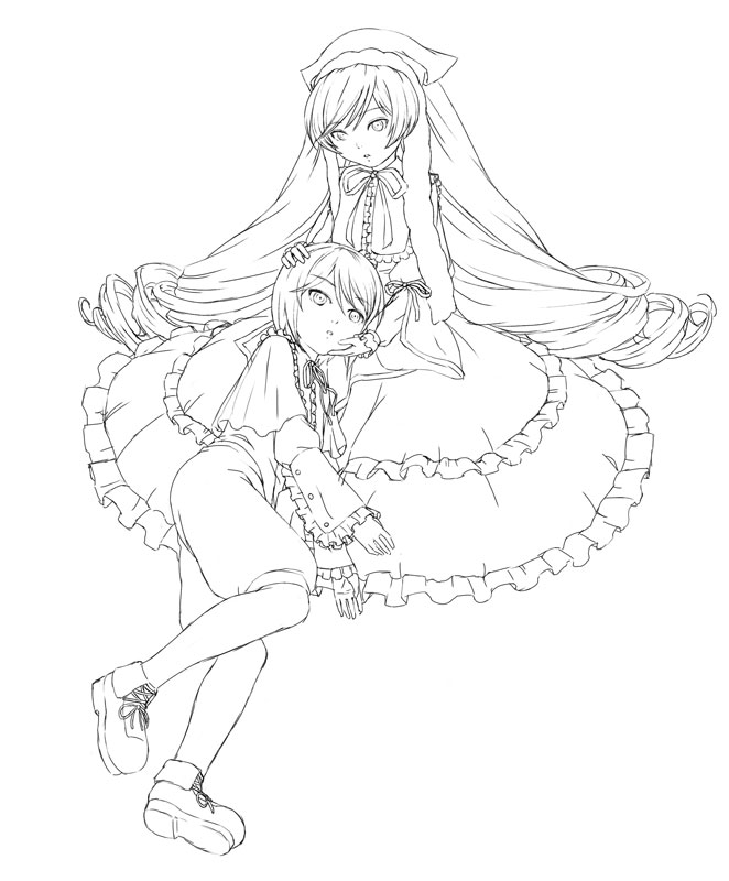 chyko, souseiseki, suiseiseki, rozen maiden, 00s, 2girls, :d, collar, dress, frills, full body, greyscale, headscarf, incest, lap pillow, layered dress, long sleeves, monochrome, multiple girls, open mouth, siblings, simple background, sisters, smile, twins, white background, yuri
