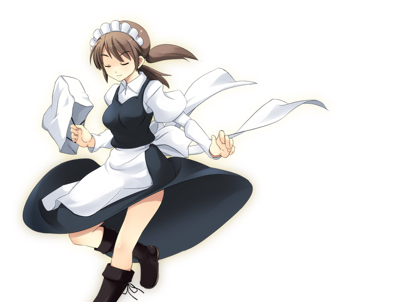 yuuji overall, mori sonou, suzumiya haruhi no yuuutsu, 00s, 1girl, apron, bag, bare legs, blouse, blush, brown hair, closed eyes, female focus, frills, holding, juliet sleeves, leg up, long sleeves, maid, maid apron, maid headdress, outstretched arm, puffy long sleeves, puffy sleeves, shirt, shopping bag, short hair, simple background, solo, standing, standing on one leg, thighs, twintails, waist apron, white background, white shirt