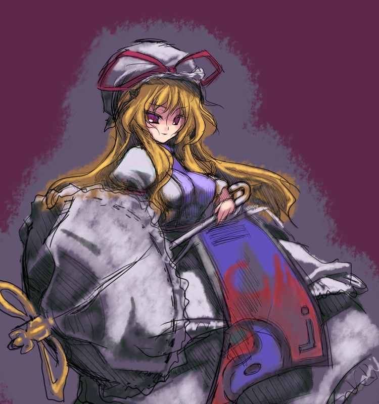 coffee cat, yakumo yukari, touhou, 1girl, blonde hair, dress, female focus, hat, hat ribbon, lips, long hair, parasol, red eyes, ribbon, sketch, smile, solo, tsurime, umbrella, yin yang