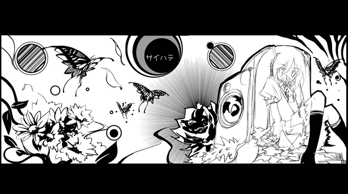 kamiya yuu, hatsune miku, saihate (vocaloid), vocaloid, 1girl, animal, blush, bug, butterfly hair ornament, dress, female focus, greyscale, hair ornament, kneehighs, knees up, layered sleeves, letterboxed, long hair, long sleeves, looking at viewer, monochrome, puffy short sleeves, puffy sleeves, short over long sleeves, short sleeves, socks, solo, very long hair