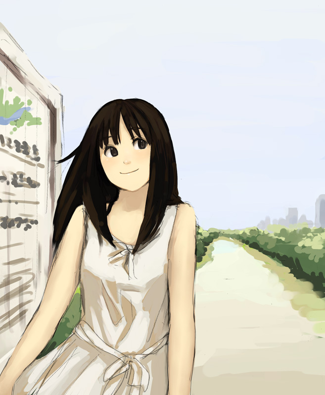 tamaru tokihiko, original, 1girl, brown eyes, brown hair, dress, female focus, smile, solo