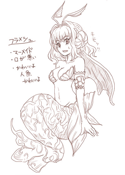 kara (color), flameshe, legend of mana, original, seiken densetsu, 1girl, bra, breasts, female focus, head wings, lingerie, mermaid, midriff, monochrome, monster girl, navel, short hair, simple background, solo, underwear, wings