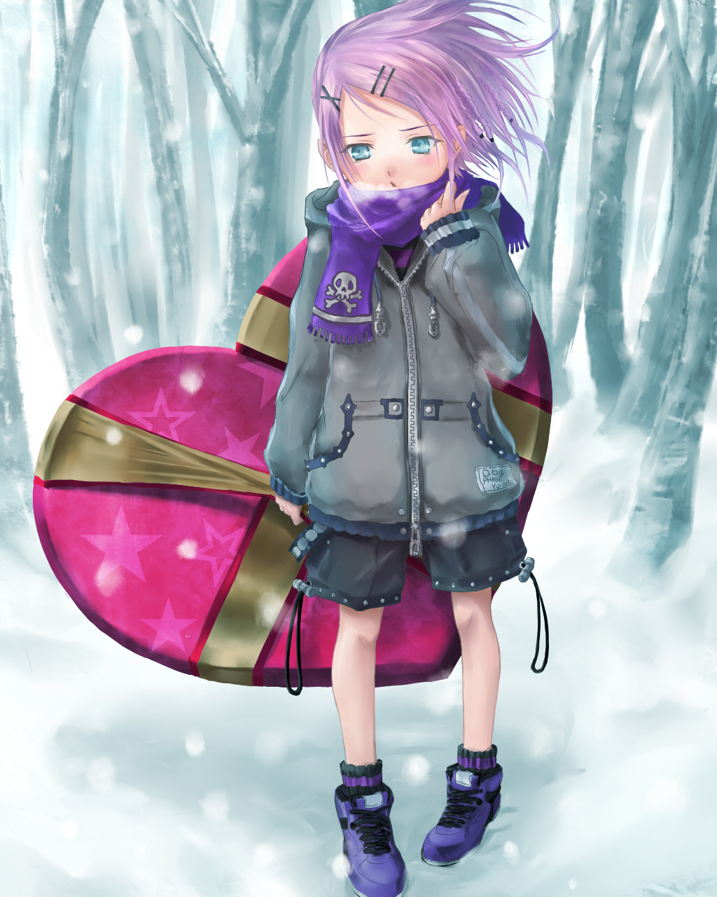 phase, original, bad id, bad pixiv id, highres, green eyes, purple hair, scarf, solo, valentine