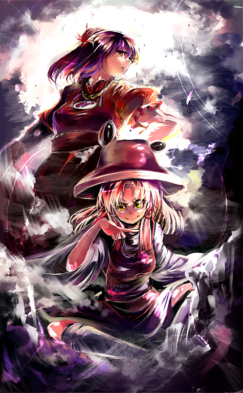 cis (carcharias), moriya suwako, yasaka kanako, touhou, 2girls, blonde hair, brooch, dress, extra eyes, female focus, gem, hat, indian style, jewelry, long sleeves, looking at viewer, multiple girls, puffy short sleeves, puffy sleeves, purple dress, purple eyes, red dress, short hair, short sleeves, sitting, spread legs, sweater