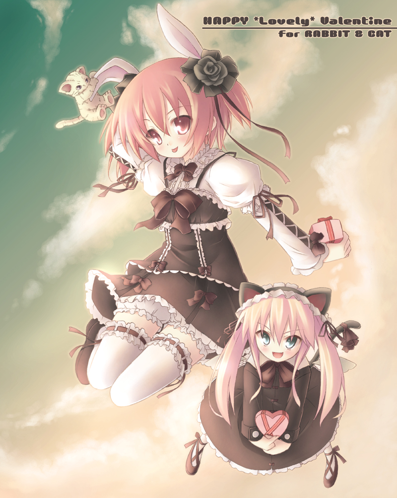 mayauru, ryo (botugo), raise (ryo), original, 2girls, animal ears, blonde hair, bloomers, bow, cat, cat ears, chocolate, fairy, flower, gift, gothic lolita, green eyes, hair bow, hair flower, hair ornament, hair ribbon, happy valentine, lolita fashion, long hair, multiple girls, no nose, rabbit ears, ribbon, short twintails, thighhighs, tongue, twintails, two side up, underwear, valentine, wings