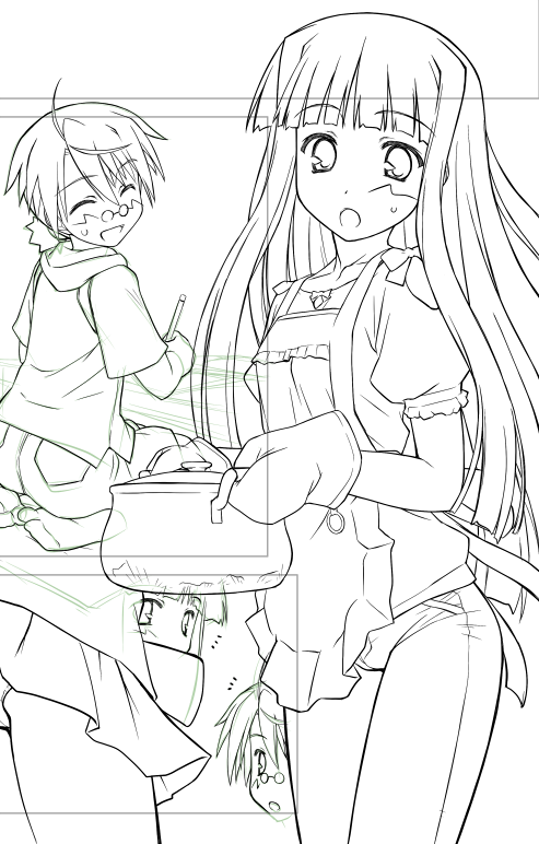 tamahiyo, konoe konoka, negi springfield, mahou sensei negima!, 00s, 1boy, 2girls, :o, ahoge, apron, closed eyes, comic, glasses, greyscale, long hair, monochrome, multiple girls, oven mitts, panties, pantyshot, sitting, skirt, standing, underwear, white background