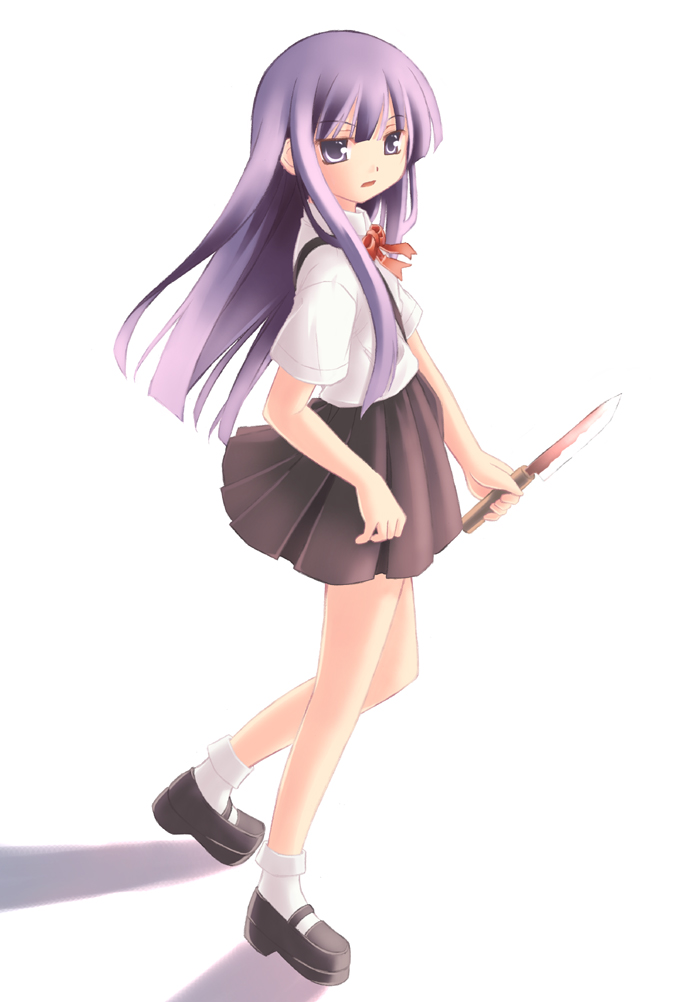 mayauru, ryo (botugo), furude rika, higurashi no naku koro ni, 00s, 1girl, female focus, knife, long hair, purple eyes, purple hair, shadow, skirt, solo, standing