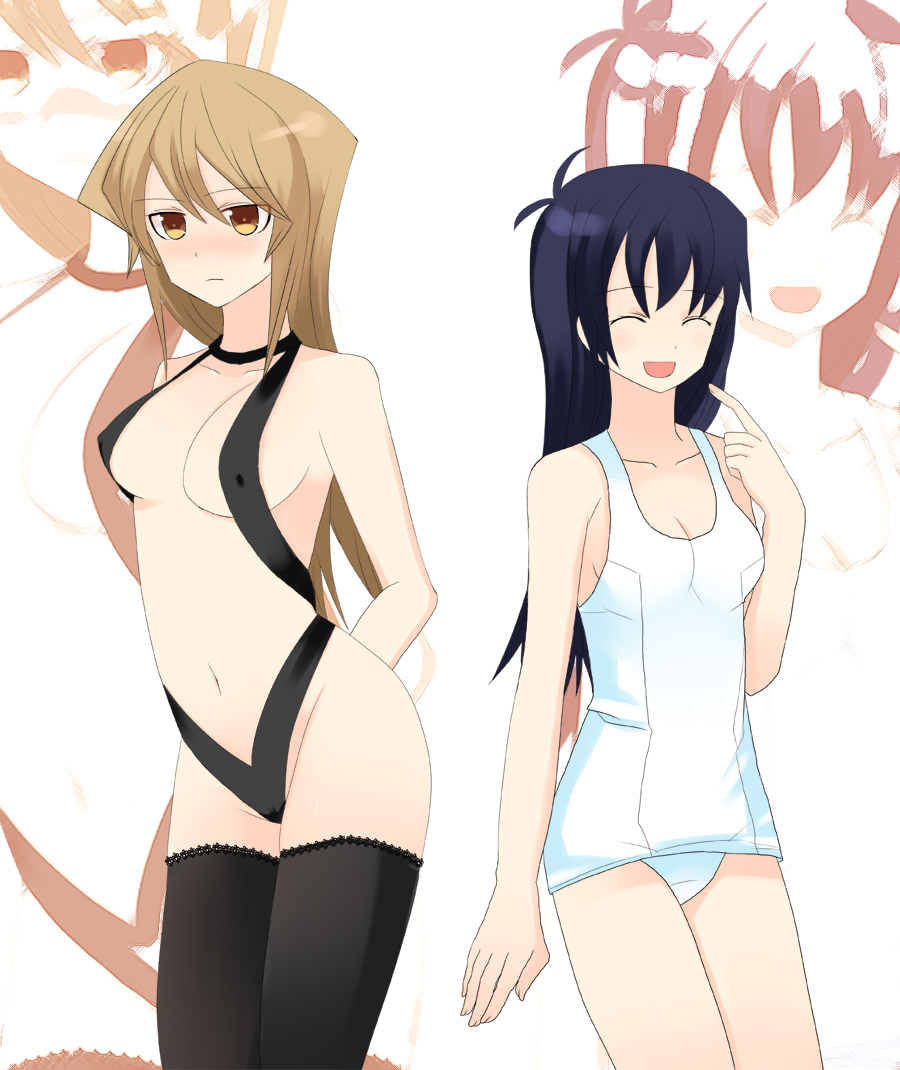 mir (artist), saotome rei, tenjouin asuka, yu-gi-oh!, yu-gi-oh! gx, 2girls, multiple girls, one-piece swimsuit, school swimsuit, slingshot swimsuit, swimsuit, thighhighs, white one-piece swimsuit, white school swimsuit, zoom layer