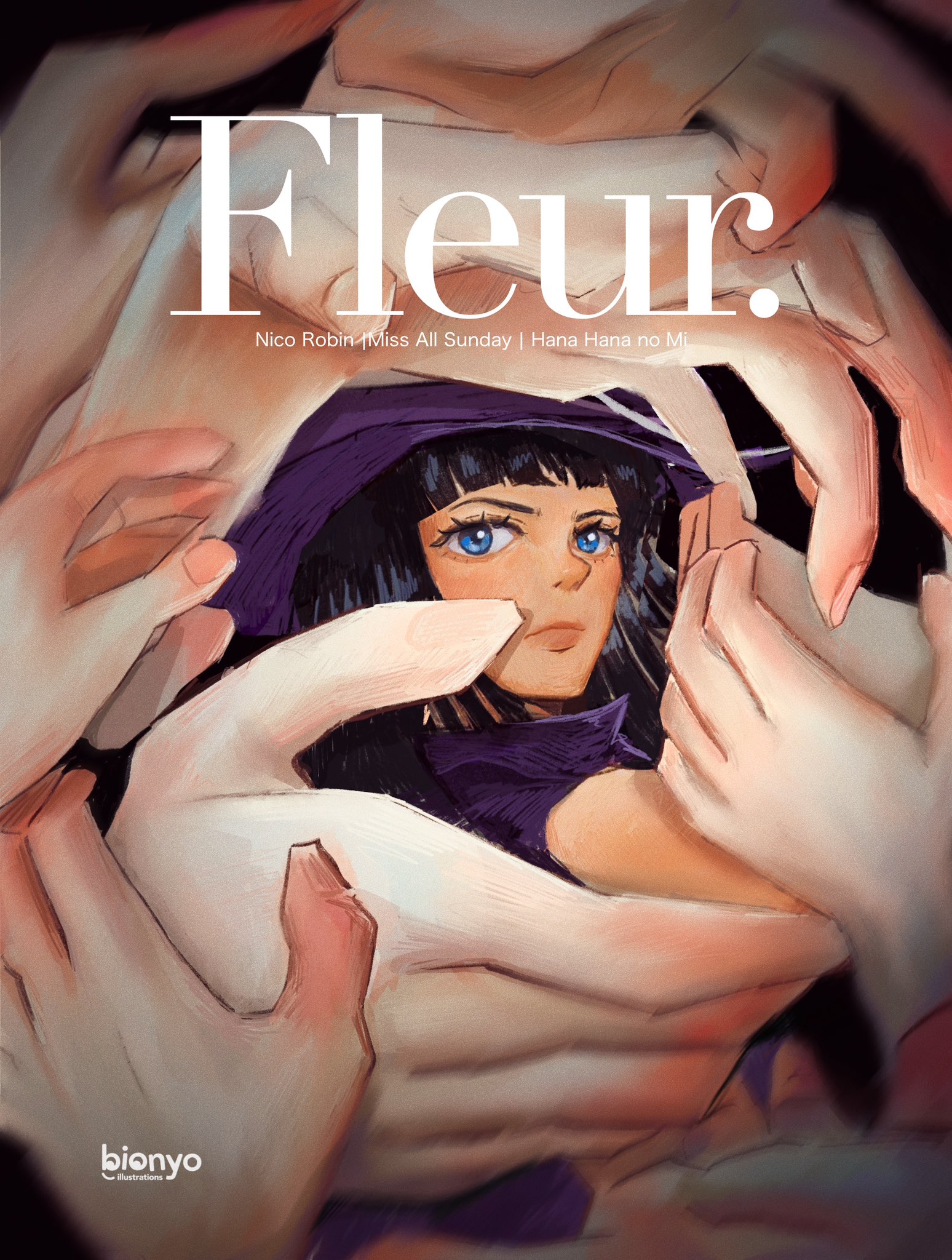 bionyo, nico robin, one piece, commentary, highres, 1girl, black background, black hair, blue eyes, blunt bangs, character name, closed mouth, extra arms, eyelashes, hat, jacket, looking back, medium hair, purple hat, purple jacket, solo