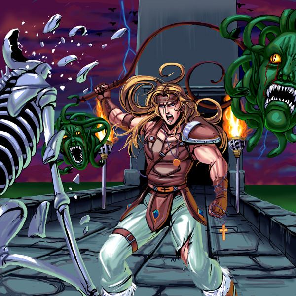 kouno (masao), medusa head, simon belmont, castlevania (1986), castlevania (series), konami, 1980s (style), 1boy, blonde hair, blue eyes, cross, headband, latin cross, lightning, long hair, male focus, monster, oldschool, open mouth, retro artstyle, shoulder pads, skeleton, solo, torn clothes, whip