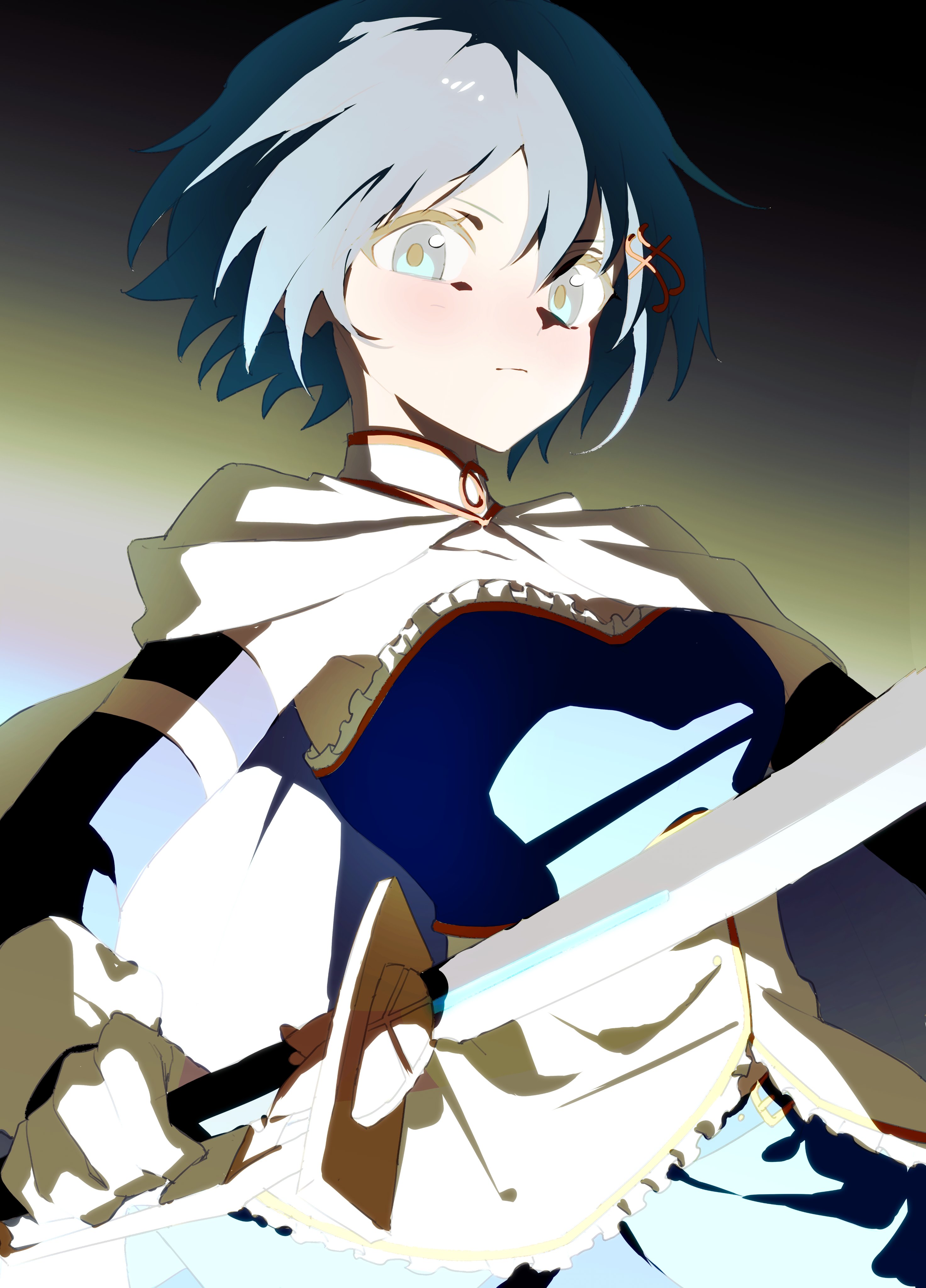 333takoyaki, hoshii miki, miki sayaka, mahou shoujo madoka magica, mahou shoujo madoka magica (anime), absurdres, commentary request, highres, 1girl, blue eyes, blue hair, blush, cape, capelet, closed mouth, detached sleeves, fortissimo, frills, gloves, gradient background, hair ornament, holding, holding sword, holding weapon, looking at viewer, magical girl, musical note, musical note hair ornament, short hair, simple background, solo, sword, weapon, white capelet, white gloves