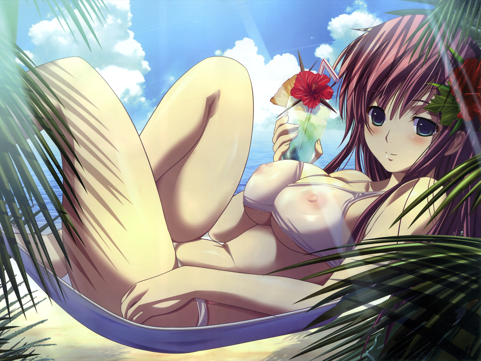 m&m, takasato nanase, natsukami, highres, official art, official wallpaper, 1girl, beach, bikini, blush, breasts, cleavage, cloud, covered erect nipples, cup, day, drink, drinking glass, drinking straw, female focus, fingernails, flower, from side, green eyes, hair flower, hair ornament, hammock, hibiscus, holding, kneepits, knees up, large breasts, leaf, light rays, light smile, long fingernails, long hair, looking at viewer, lying, navel, nipples, ocean, on back, outdoors, pink hair, see-through clothes, sideboob, sidelocks, sky, smile, solo, sunbeam, sunlight, swimsuit, transparent, tree, underboob, very long hair, water, white bikini