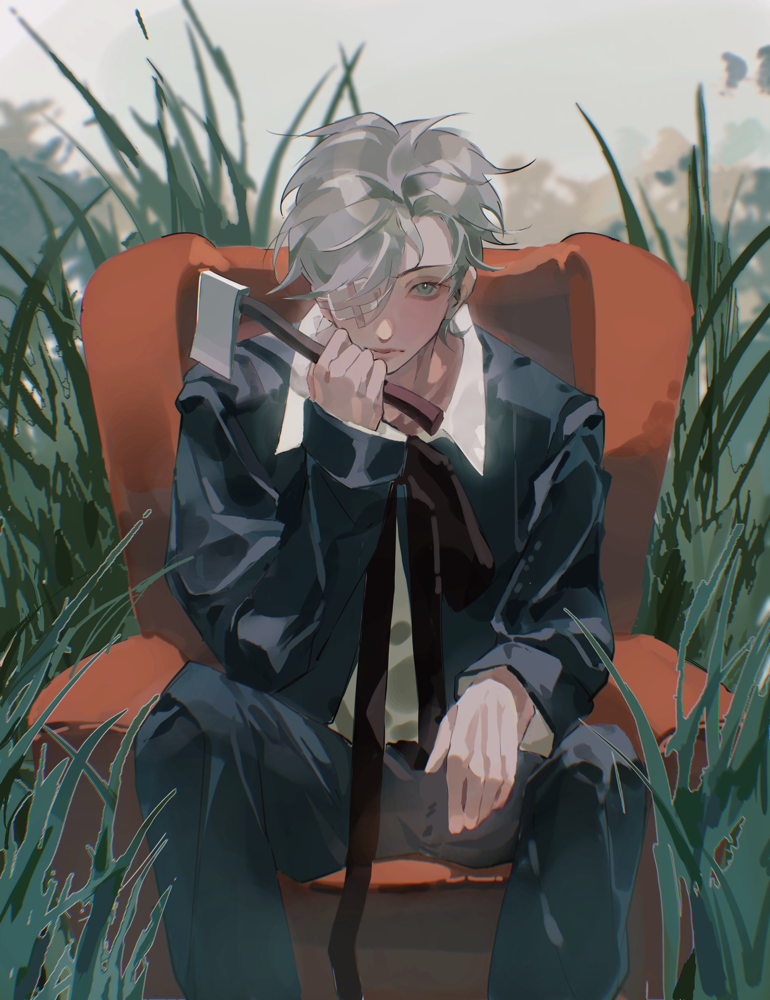 kakyoriya, till (alien stage), alien stage, commentary, english commentary, highres, 1boy, axe, black bow, black bowtie, black jacket, black pants, bow, bowtie, chair, collared shirt, gauze, gauze over eye, grass, green eyes, holding, holding axe, jacket, male focus, on chair, one eye covered, pants, shirt, short hair, sitting, solo, white shirt