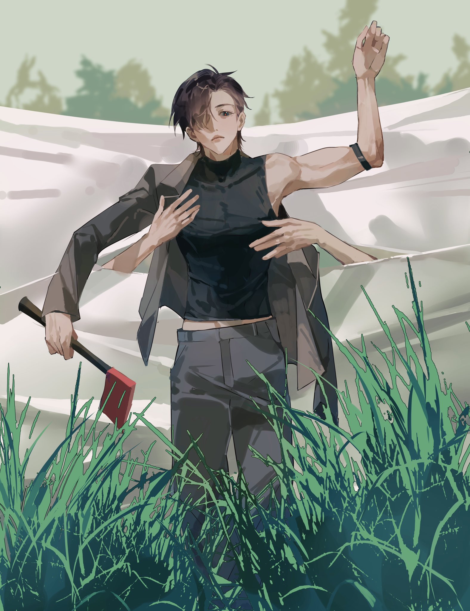 kakyoriya, ivan (alien stage), alien stage, commentary, english commentary, highres, 1other, arm up, axe, black eyes, black hair, black shirt, grass, grey jacket, grey pants, hair over one eye, holding, holding axe, jacket, pants, red pupils, shirt, short hair, single off shoulder, sleeveless, sleeveless shirt, solo focus