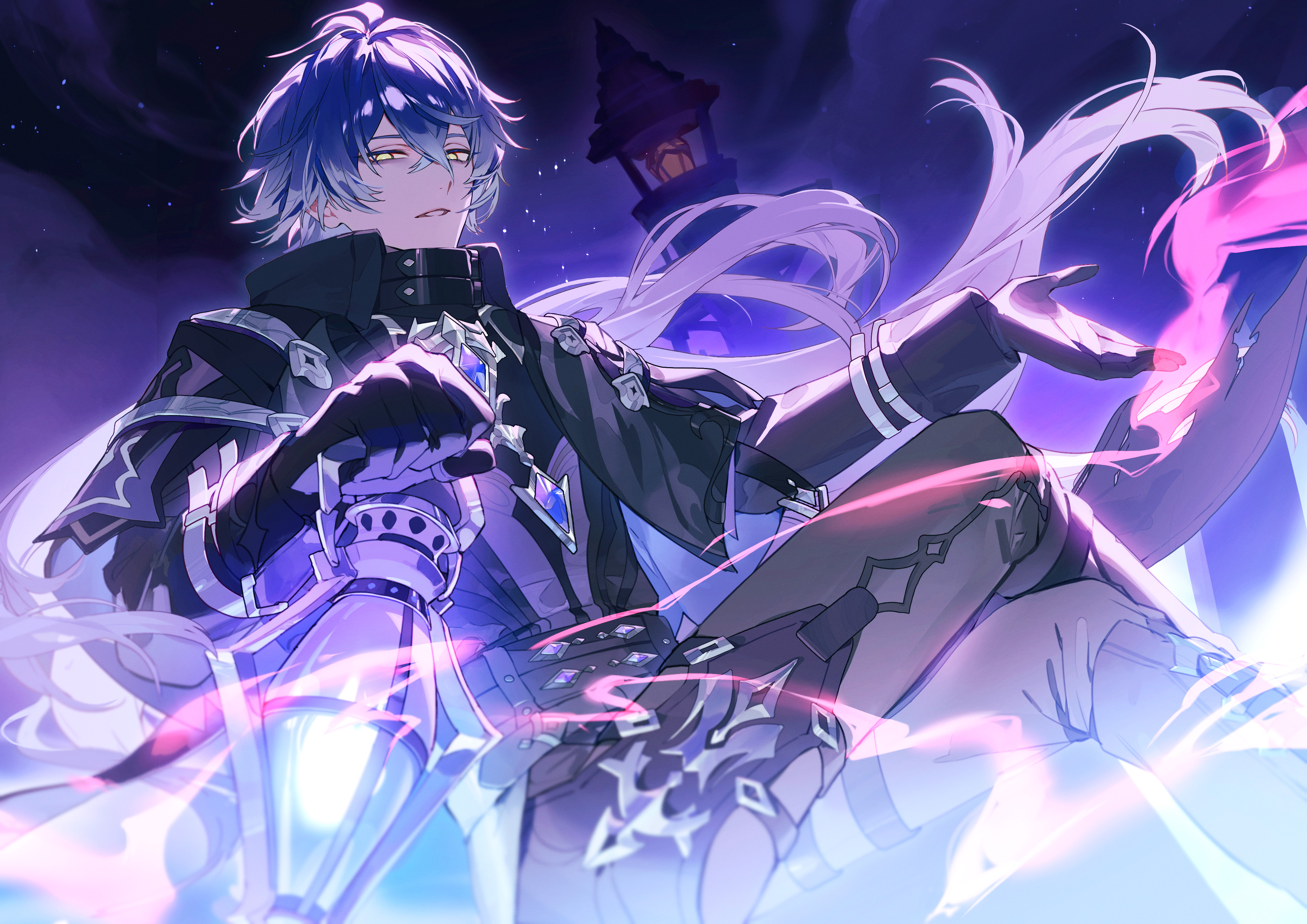 shuukenyuu, flins (genshin impact), genshin impact, absurdres, commentary, english commentary, highres, second-party source, 1boy, black gloves, blue hair, crossed legs, gloves, hair between eyes, holding lamp, long hair, looking at viewer, male focus, sitting, sky, solo, thighs, yellow eyes