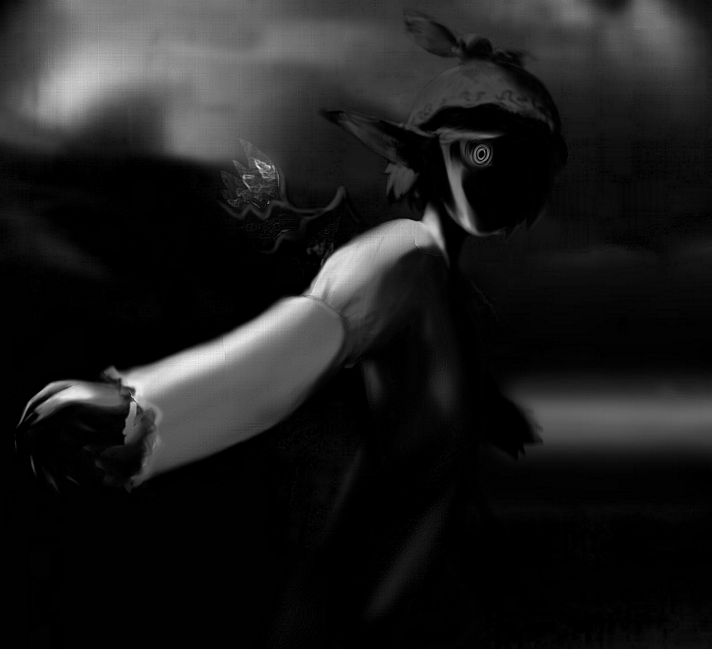 futon (kitsune tsuki), kitsune tsuki, mystia lorelei, touhou, 1girl, animal ears, creepy, dark, female focus, greyscale, hat, horror (theme), monochrome, short hair, solo, wings