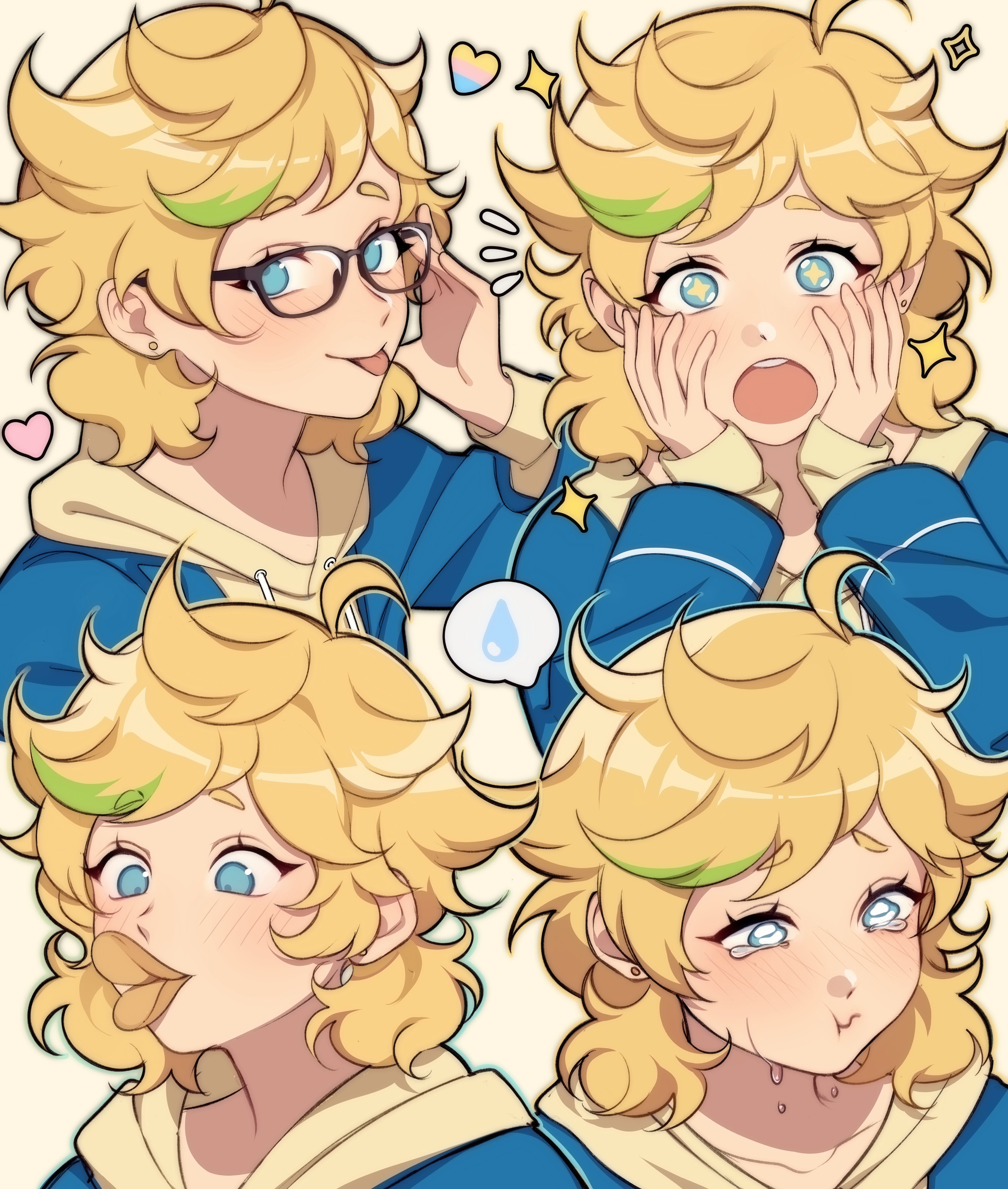 lummy yummy, harukawa sora, ensemble stars!, absurdres, highres, + +, 1girl, blue eyes, blue jacket, crying, crying with eyes open, curly hair, food in mouth, genderswap, genderswap (mtf), glasses, hands on own cheeks, hands on own face, heart, image in speech bubble, jacket, looking at viewer, multicolored hair, multiple views, open mouth, portrait, school uniform, short eyebrows, simple background, speech bubble, streaked hair, streaming tears, tears, teeth, tongue, tongue out, upper teeth only, white background