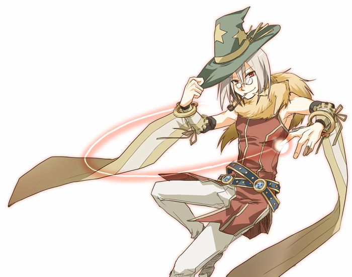 rukira, professor (ragnarok online), ragnarok online, commentary request, 1boy, animal, animal around neck, bangle, belt, blue belt, bracelet, closed mouth, detached sleeves, feet out of frame, fox, glasses, glowing rope, green hat, grey hair, hat, jewelry, looking at viewer, male focus, pants, pince-nez, red eyes, red shirt, shirt, short hair, simple background, sleeveless, sleeveless shirt, smile, smoking pipe, solo, star (symbol), star print, striped sleeves, white background, white pants, witch hat, yellow sleeves