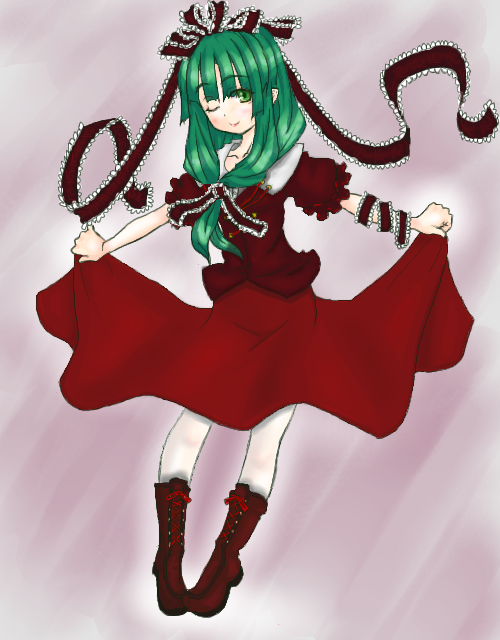 kagiyama hina, touhou, 1girl, boots, female focus, front ponytail, oekaki, one eye closed, red boots, skirt hold, solo, wink