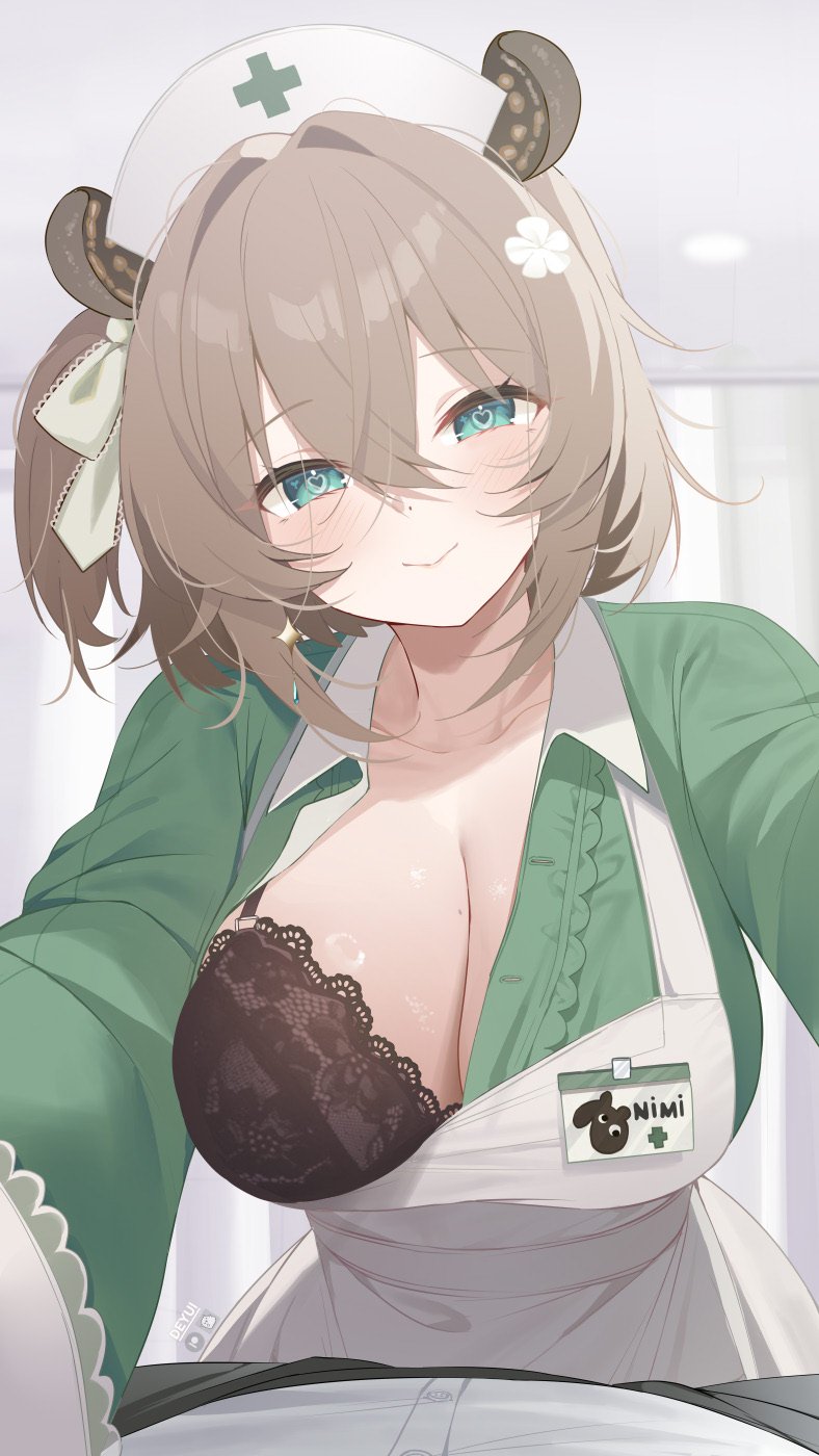 deyui, nimi nightmare, nimi nightmare (1st costume), indie virtual youtuber, highres, 1girl, animal ears, apron, black bra, bra, breasts, brown hair, cleavage, closed mouth, crossed bangs, dress, flower, frilled dress, frills, green dress, green eyes, hair between eyes, hair flower, hair ornament, hair ribbon, hat, heart, heart-shaped pupils, large breasts, long sleeves, looking at viewer, medium hair, name tag, nurse, nurse cap, one breast out, one side up, partially unbuttoned, reaching, reaching towards viewer, ribbon, sleeve cuffs, smile, solo, symbol-shaped pupils, tapir ears, tapir girl, underwear, upper body, virtual youtuber, white apron, white hat