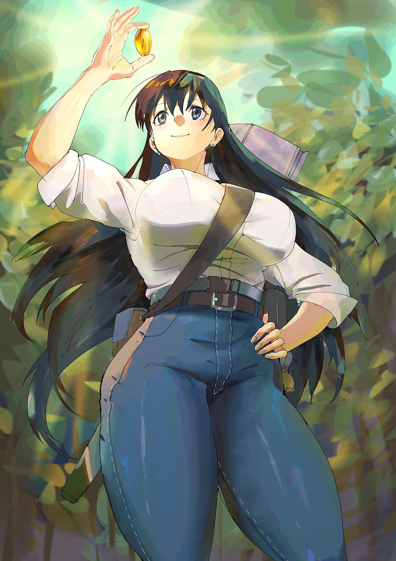 arqa, arato nagi, ruri no houseki, highres, 1girl, belt, black hair, blue pants, blush, breasts, denim, earrings, gold, jeans, jewelry, large breasts, long hair, pants, shirt, smile, solo, stud earrings, taut clothes, taut pants, white shirt