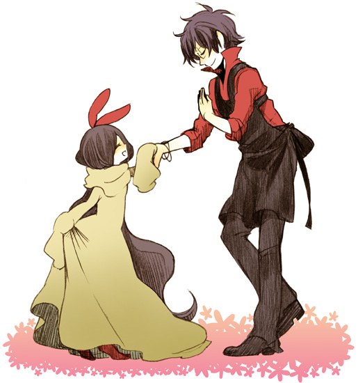 alphonse michel, ophelia (pop'n music), bemani, pop'n music, black footwear, red footwear, 1boy, 1girl, ^ ^, black hair, black pants, bow, bowing, bracelet, closed eyes, closed mouth, dancing, dress, flower, from side, hair bow, hetero, holding hands, jewelry, long dress, long hair, long sleeves, looking at another, open mouth, pants, red bow, red shirt, shirt, shoes, skirt hold, sleeves past wrists, sleeves rolled up, smile, turtleneck, very long hair, white background, yellow dress