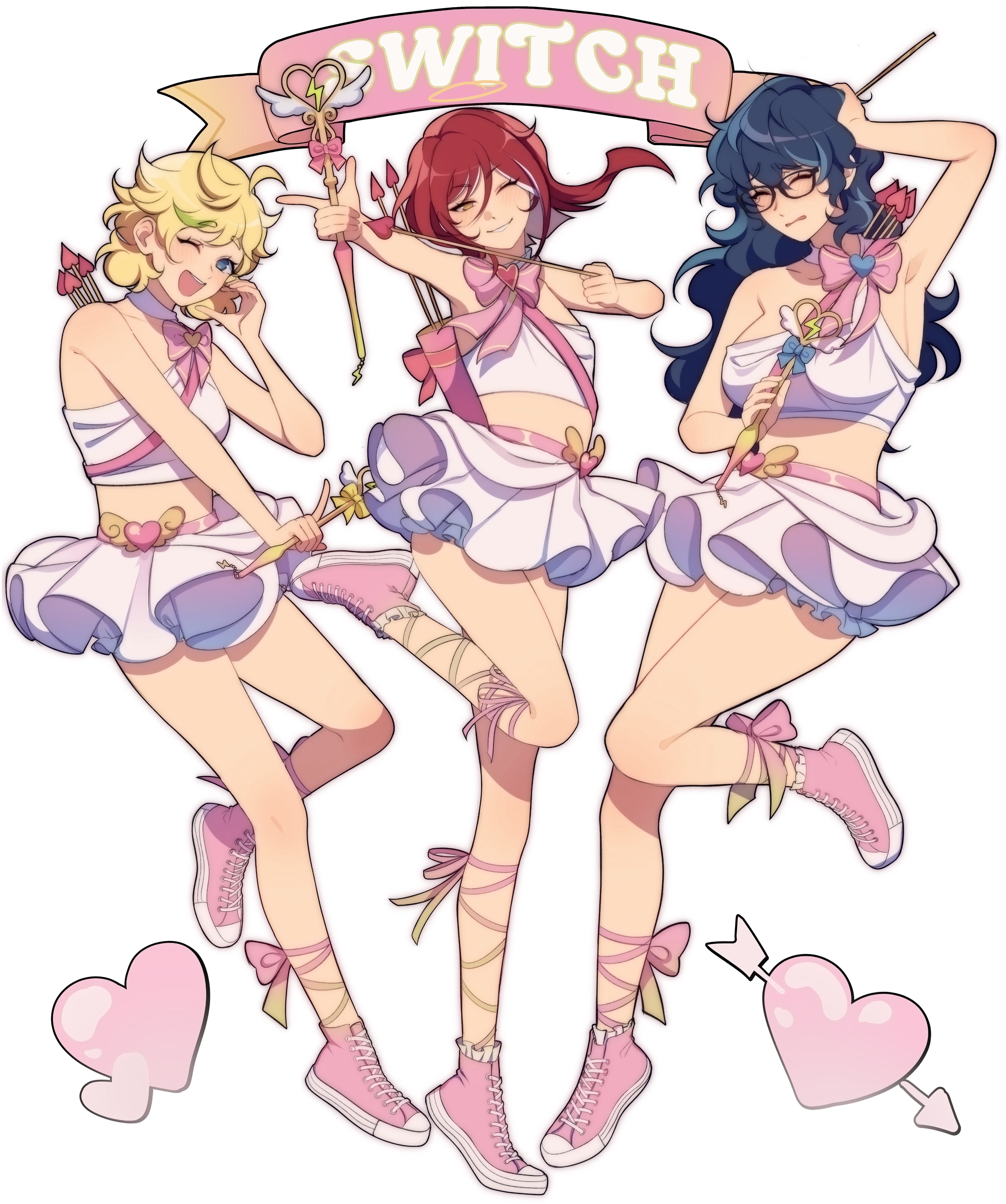 lummy yummy, aoba tsumugi, harukawa sora, sakasaki natsume, ensemble stars!, absurdres, highres, 3girls, ahoge, arrow (projectile), arrow through heart, blonde hair, blue eyes, blue hair, bow, closed eyes, full body, genderswap, genderswap (mtf), half-heart hands, hand on own head, heart, holding, holding arrow, holding wand, long hair, looking at viewer, medium hair, multicolored hair, multiple girls, one eye closed, pink bow, pink ribbon, pink shoes, red hair, ribbon, shoes, simple background, skirt, smile, standing, standing on one leg, strapless, streaked hair, switch (ensemble stars!), tube top, wand, white background, white skirt, white tube top, yellow eyes