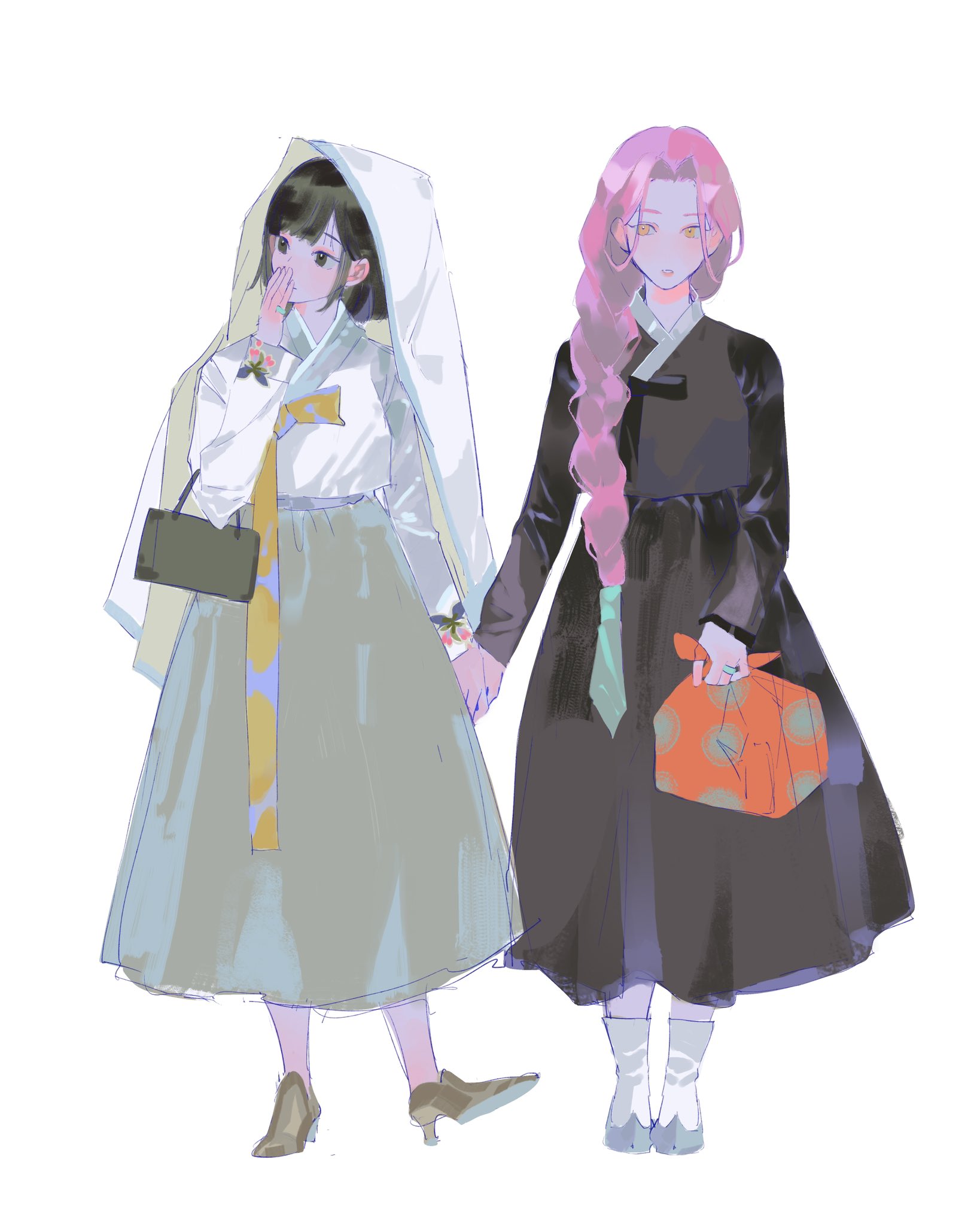 kakyoriya, mizi (alien stage), sua (alien stage), alien stage, commentary, english commentary, highres, 2girls, alternate costume, bag, black eyes, black hair, black hanbok, braid, covering own mouth, daenggi, green skirt, hair over shoulder, hanbok, hand over own mouth, holding, holding hands, korean clothes, long hair, long sleeves, medium hair, multiple girls, pink hair, shoes, single braid, skirt, veil, very long hair, white veil, yellow eyes