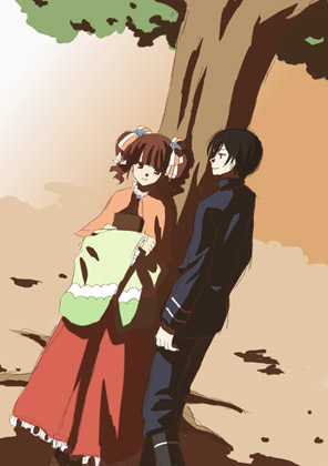 aiko (pop'n music), goku-sotsu-kun, bemani, pop'n music, lowres, 1boy, 1girl, dress, red hair, ribbon, short twintails, tree, twintails