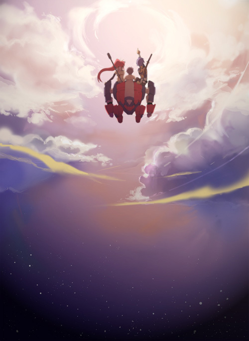 kamina (ttgl), simon (ttgl), yoko littner, tengen toppa gurren lagann, duplicate, 00s, 1girl, 2boys, cloud, flying, multiple boys