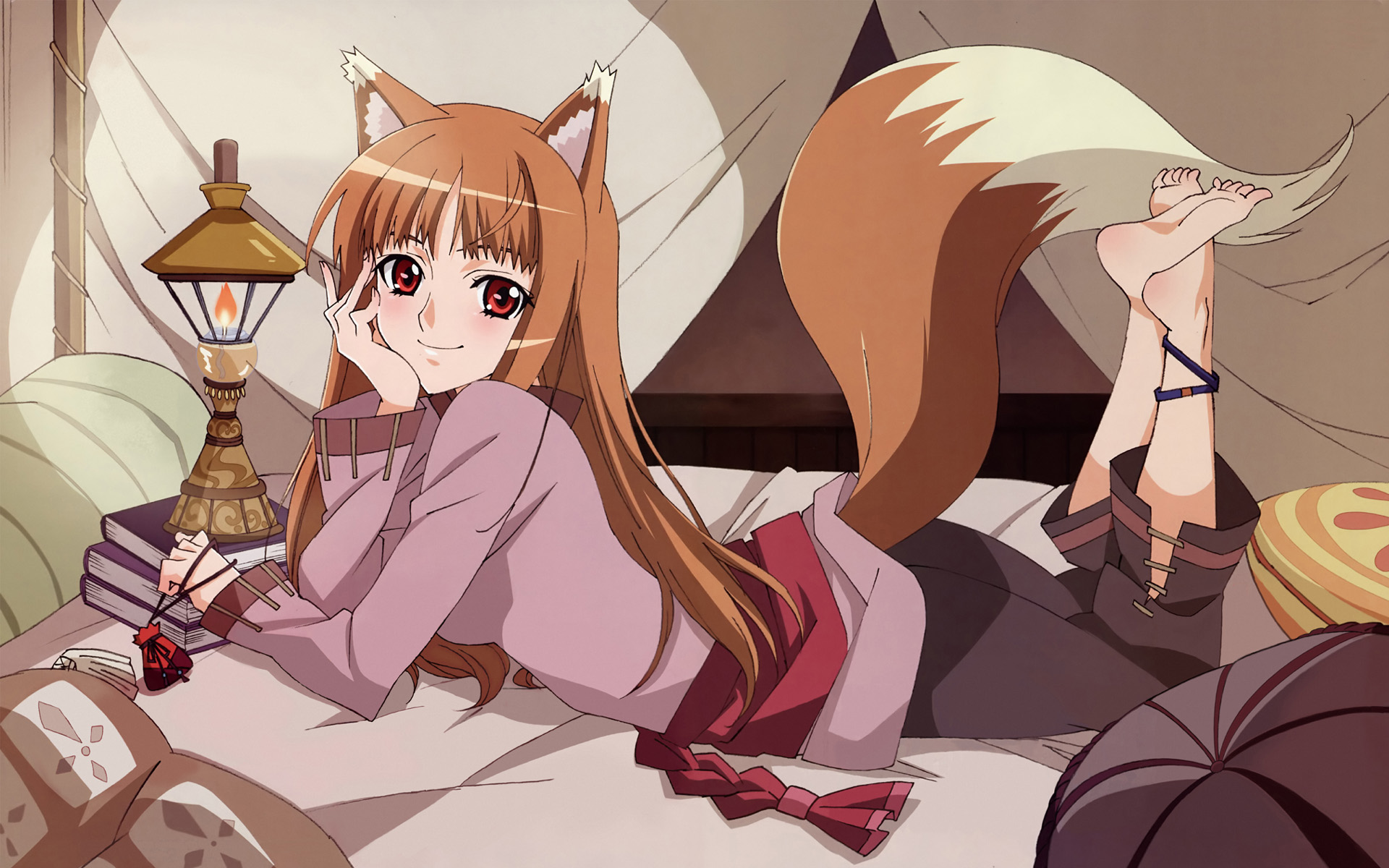 kuroda kazuya, sadakata kikuko, holo, spice and wolf, wallpaper, highres, official art, animal ears, anklet, barefoot, bed, blush, book, brown hair, feet, head rest, jewelry, lantern, long hair, lying, on stomach, pillow, pouch, red eyes, red hair, sash, smile, soles, solo, tail, wolf ears, wolf tail