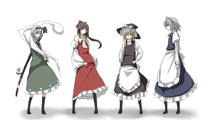 kajiki, hakurei reimu, izayoi sakuya, kirisame marisa, konpaku youmu, konpaku youmu (ghost), touhou, silver hair, 4girls, apron, ascot, black dress, blonde hair, blue dress, bow, brown hair, detached sleeves, dress, female focus, floating, frills, full body, ghost, green dress, hair bow, hair tubes, hat, hitodama, katana, legs apart, long sleeves, looking at viewer, maid headdress, multiple girls, oekaki, puffy sleeves, red bow, red dress, ribbon-trimmed sleeves, ribbon trim, sheath, sheathed, short hair, sidelocks, simple background, standing, sword, waist apron, weapon, white background, witch hat