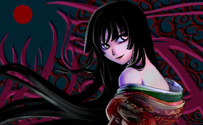 houraisan kaguya, touhou, 1girl, bare shoulders, female focus, japanese clothes, kimono, oekaki, off shoulder, solo