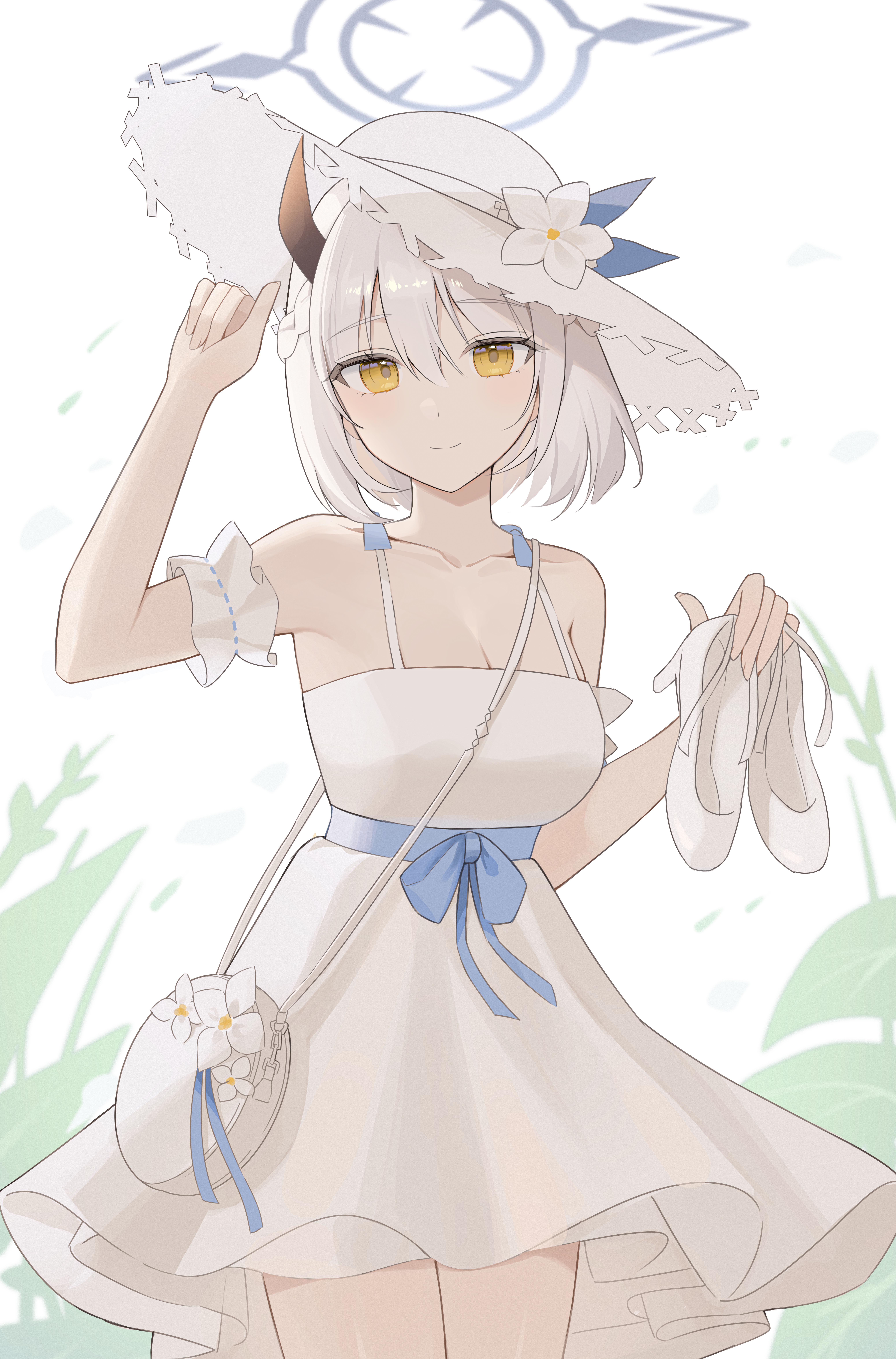yagen (user mxur3238), sena (blue archive), sena (casual) (blue archive), blue archive, 1girl, blue halo, breasts, dress, halo, high heels, horns, medium breasts, short hair, simple background, solo, white background, white dress, yellow eyes