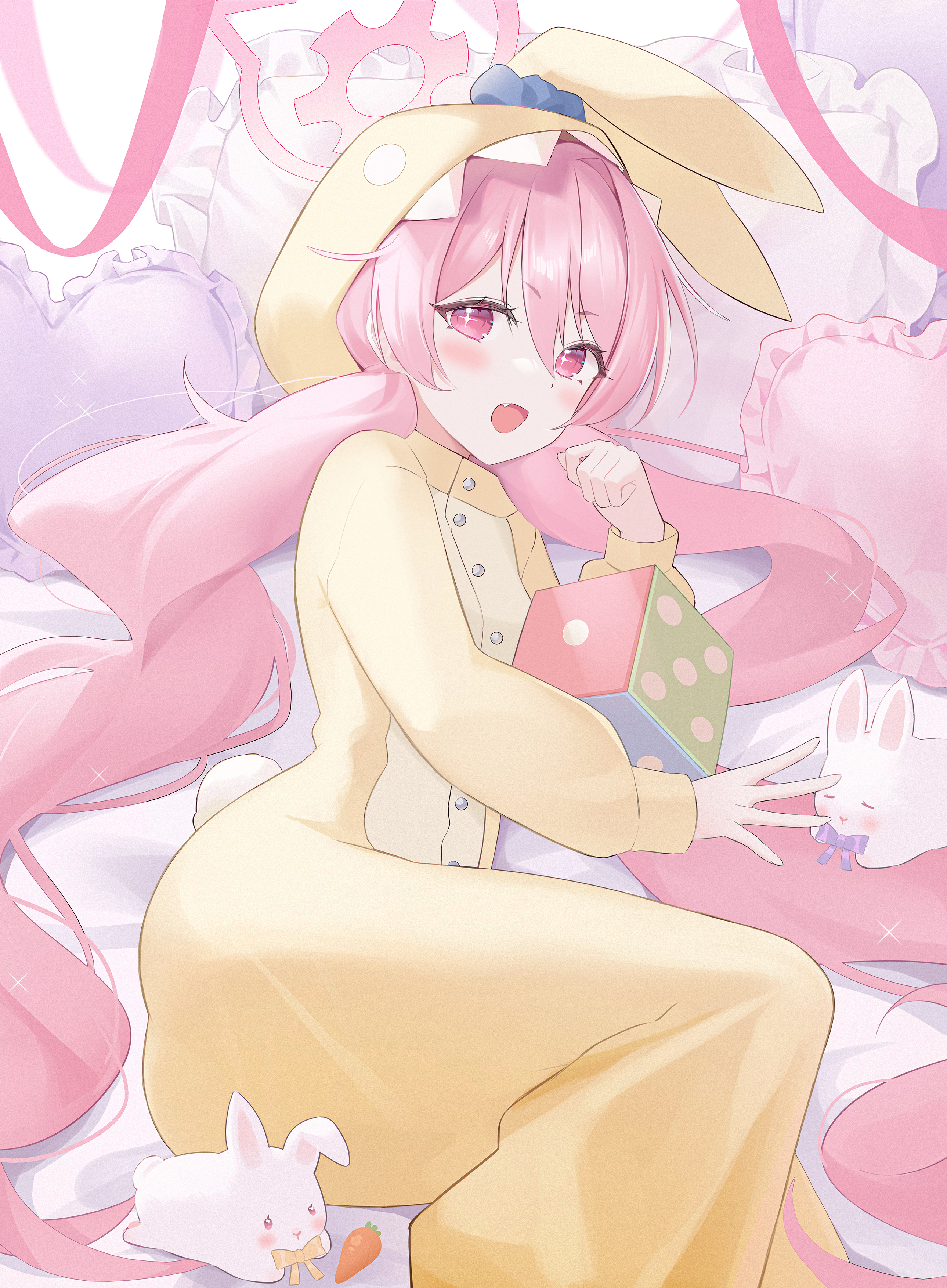 yagen (user mxur3238), koyuki (blue archive), blue archive, 1girl, breasts, dice, halo, lying, on bed, pajamas, pillow, pink eyes, pink hair, pink halo, small breasts, solo