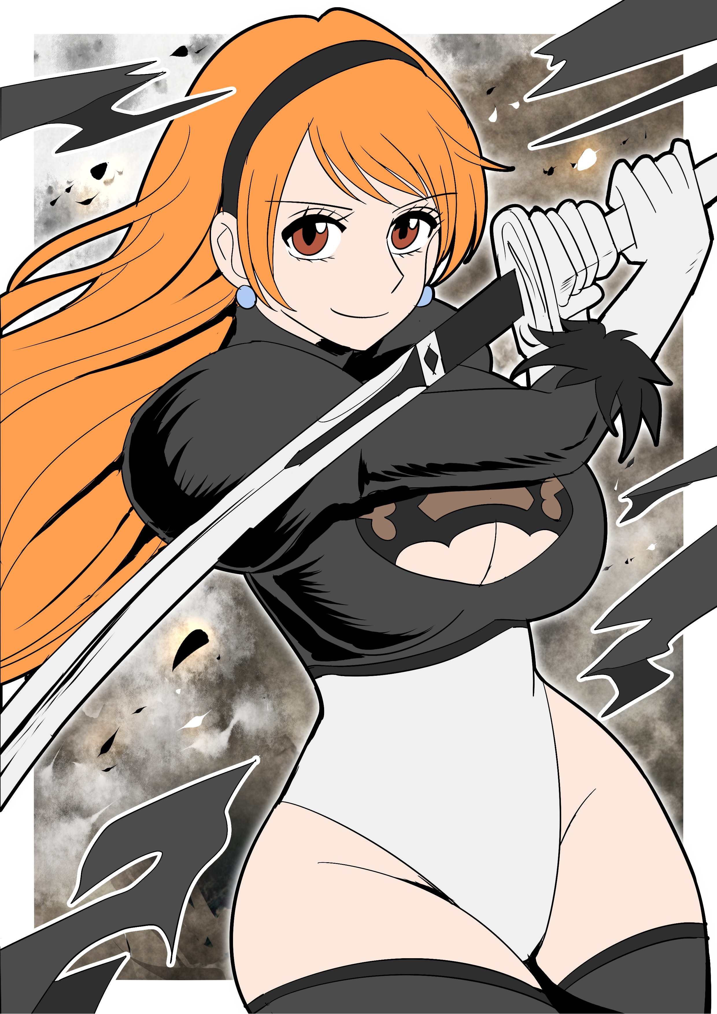 degamishiro, 2b (nier:automata), nami (one piece), nier:automata, nier (series), one piece, 2b (nier:automata) (cosplay), breasts, brown eyes, cleavage, cosplay, curvy, feather-trimmed sleeves, gloves, highleg, highleg leotard, holding, holding sword, holding weapon, juliet sleeves, large breasts, leotard, long hair, long sleeves, looking at viewer, orange hair, puffy sleeves, smile, sword, thighhighs, weapon, white gloves, wide hips