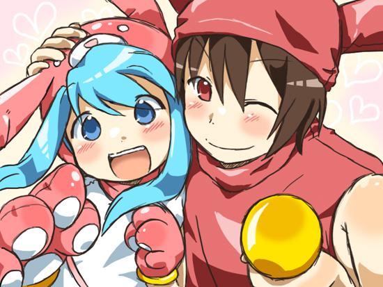 minit's, timer (pop'n music), bemani, pop'n music, timer, 1boy, 1girl, animal ears, blue eyes, blue hair, brother and sister, microphone, rabbit ears, siblings
