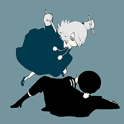 goku-sotsu-kun, onnanoko, bemani, pop'n music, lowres, aqua background, aqua shoes, blue background, boots, dress, fork, full body, hair over one eye, high heel boots, high heels, kneehighs, knife, muted color, one eye covered, pom pom (clothes), shoes, simple background, socks, white hair