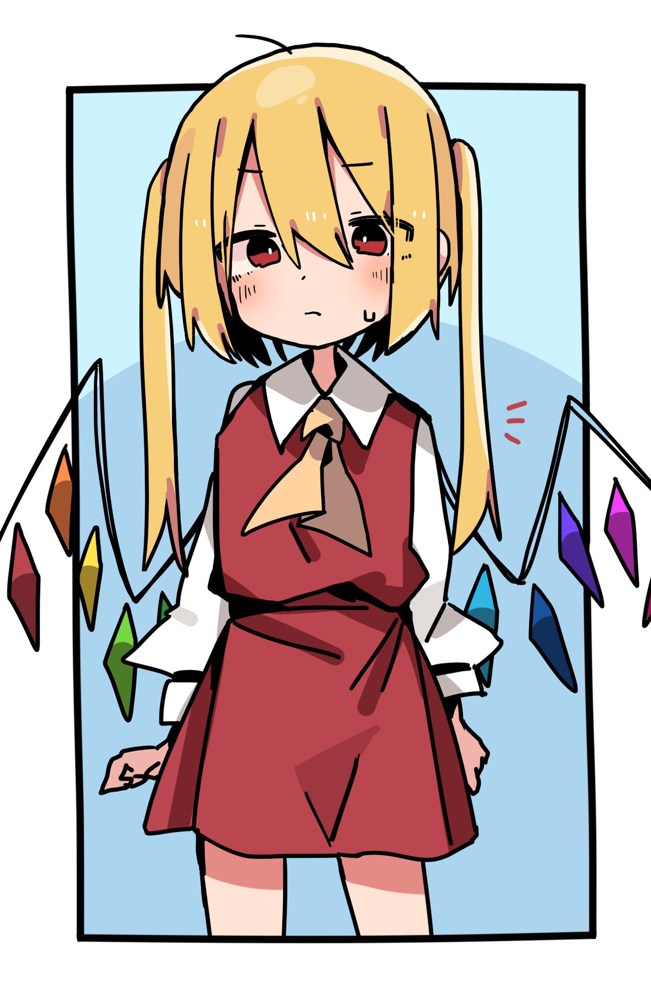 nacht musik, flandre scarlet, touhou, highres, 1girl, ascot, blonde hair, border, closed mouth, cowboy shot, crystal, crystal wings, looking at viewer, red eyes, red skirt, red vest, shirt, side ponytail, simple background, skirt, skirt set, solo, standing, sweat, vest, white background, white border, white shirt, wings, yellow ascot
