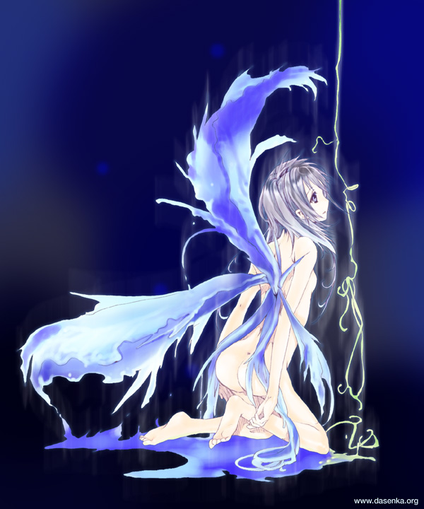 kurafuji sachi, original, tagme, 1girl, ass, barefoot, blue hair, fantasy, female focus, long hair, nude, solo