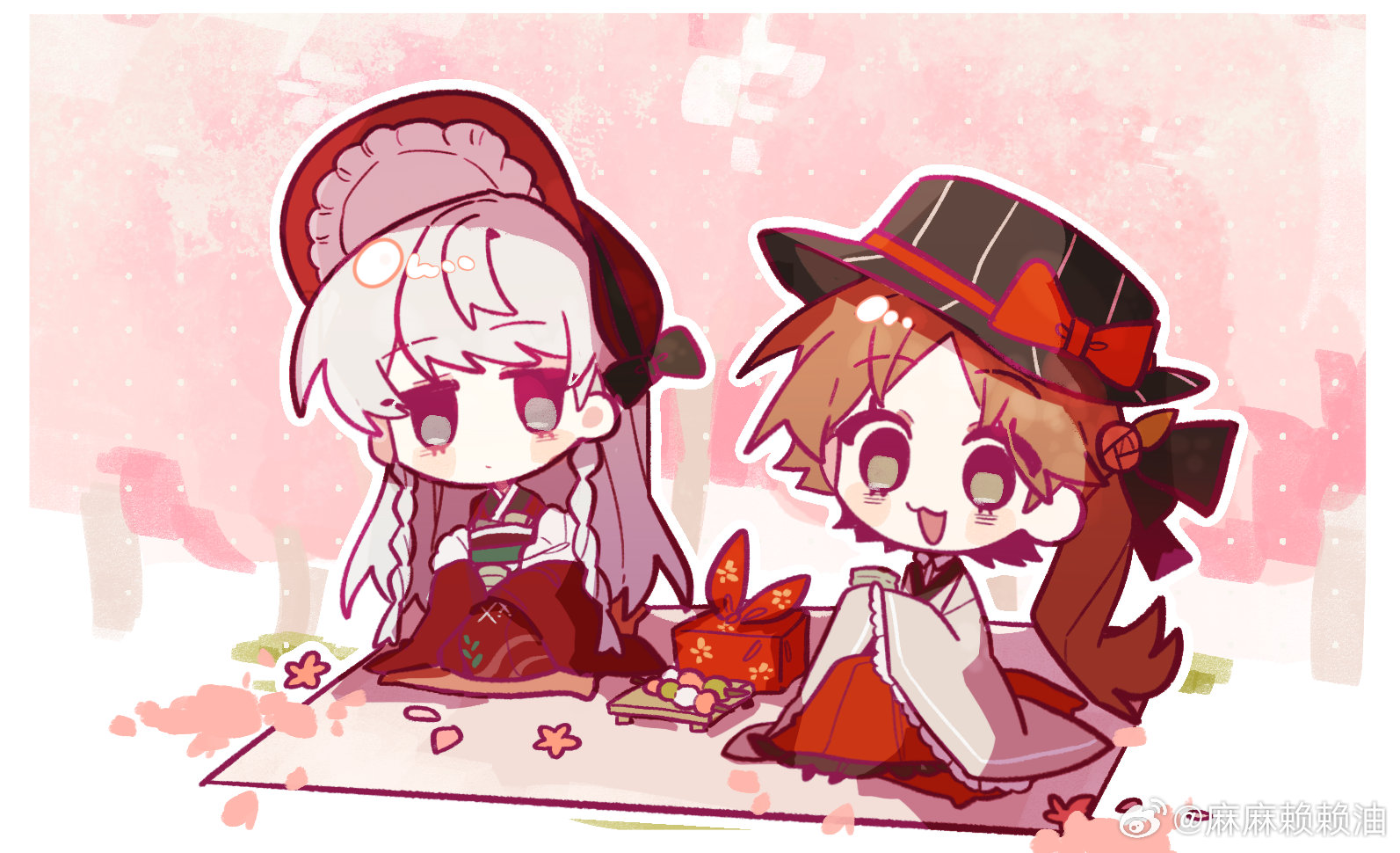 zhenquanxicailan, hanamura yousuke, narukami yu, persona, persona 4, 2girls, black hat, bonnet, braid, brown hair, cherry blossoms, chibi, chibi only, cup, dango, food, genderswap, genderswap (mtf), grey hair, hat, japanese clothes, long hair, looking at viewer, multiple girls, no nose, open mouth, red bonnet, sanshoku dango, spring (season), twin braids, wagashi, yunomi