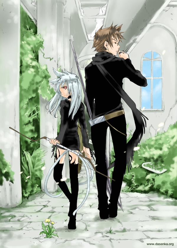kurafuji sachi, silver hair, 1boy, 1girl, animal ears, bow, brown hair, short hair, tail, thighhighs