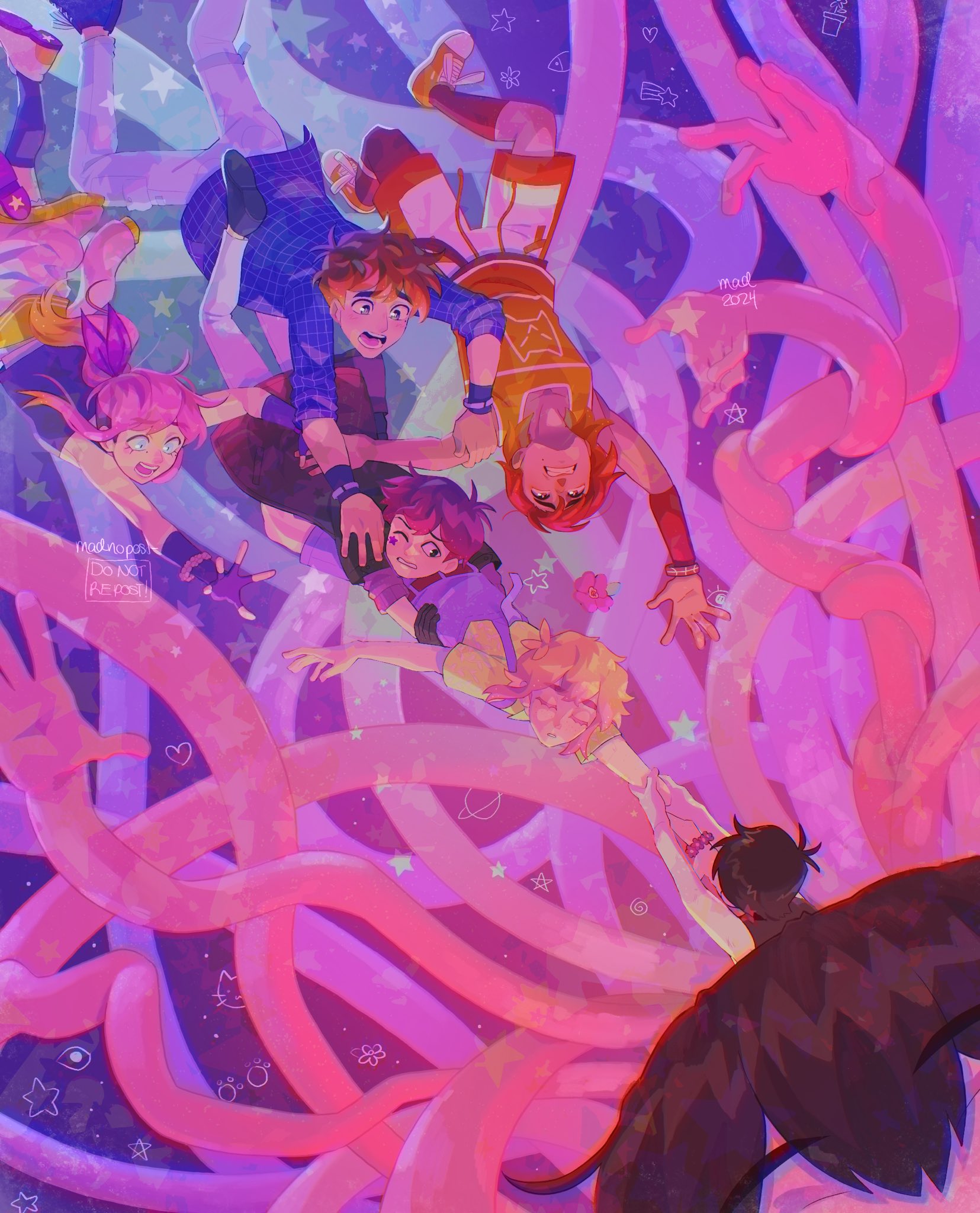 madnopost, aubrey (faraway) (omori), aubrey (omori), basil (faraway) (omori), basil (omori), hero (faraway) (omori), hero (omori), kel (faraway) (omori), kel (omori), omori (omori), sunny (omori), omori, highres, 1girl, 2024, 5boys, alternate costume, alternate hair color, alternate hairstyle, antenna hair, artist name, black eyes, black gloves, black hair, blonde hair, blue eyes, blue jacket, bracelet, brothers, closed eyes, clothes around waist, colored skin, dual persona, fingerless gloves, flower bracelet, gloves, gradient hair, grey pants, jacket, jacket around waist, jewelry, long sleeves, looking at another, multicolored hair, multiple boys, one eye closed, open mouth, orange hair, orange shoes, pants, pink hair, ponytail, shoes, siblings, sidelocks, sneakers, teeth, tongue, upside-down, white jacket, white skin