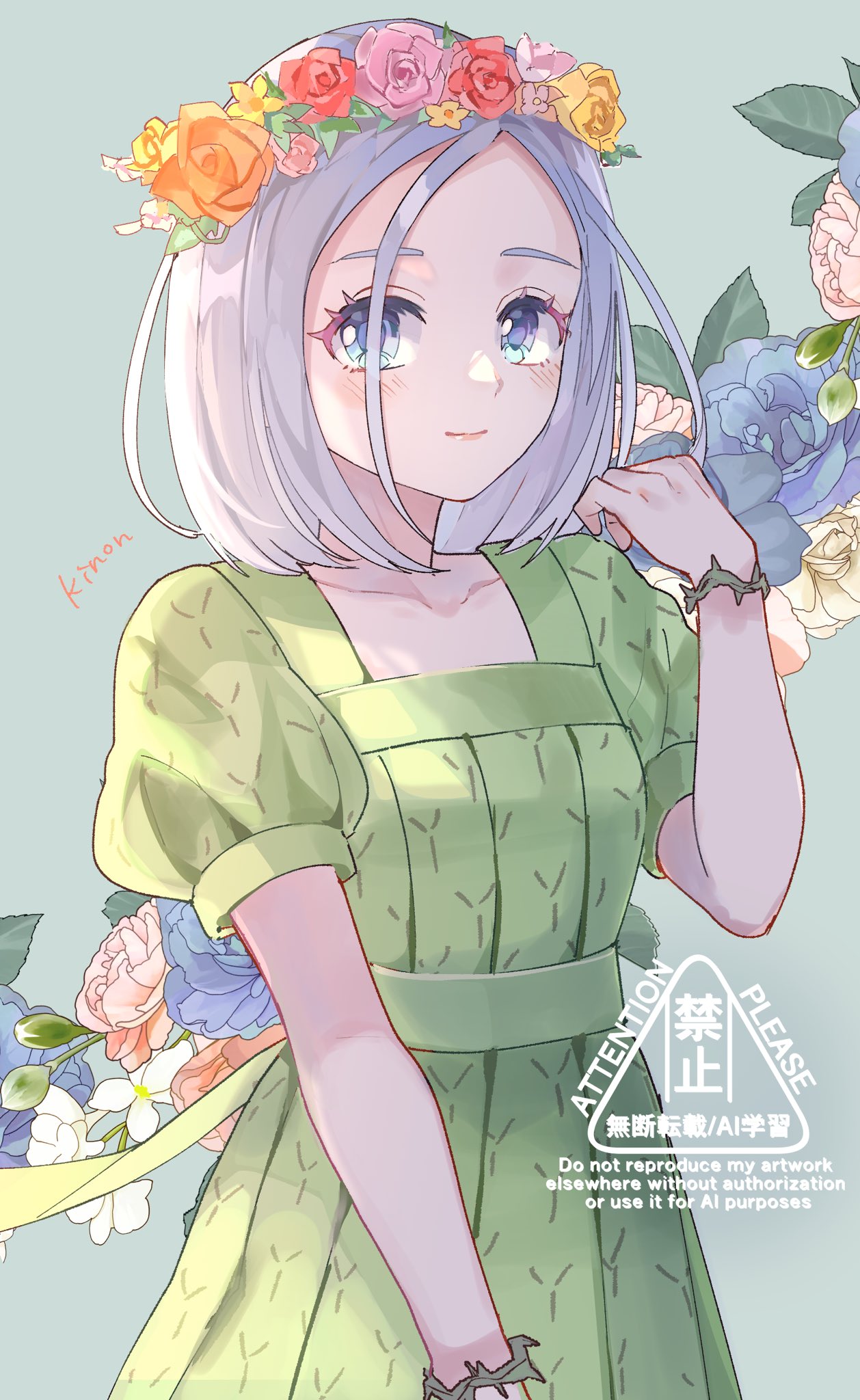 illusia (dq10), dragon quest, dragon quest x, commentary, flower request, highres, 1girl, aqua background, blue eyes, blue flower, bracelet, dress, flower, green dress, grey hair, head wreath, jewelry, kinondq10, looking to the side, medium hair, orange flower, orange rose, parted hair, pink flower, pink rose, puffy short sleeves, puffy sleeves, red flower, red rose, rose, short sleeves, smile, solo, thorns, upper body, white flower, yellow flower, yellow rose